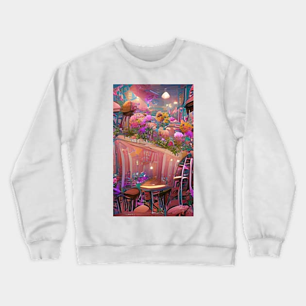 Psychedelic pink floral coffee shop| psychedelic floral coffee Crewneck Sweatshirt by PsychicLove